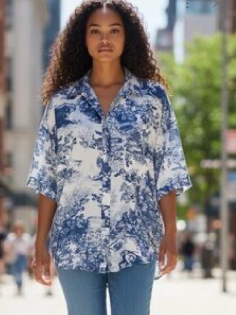 Umgee Blue & White Printed Button Down Shirt